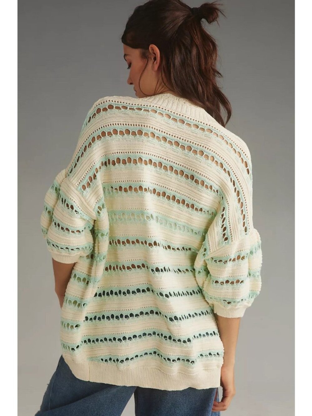 Maeve Open Front Cocoon Cardigan Sweater Knit Blue White Small Oversized - Picture 2 of 11